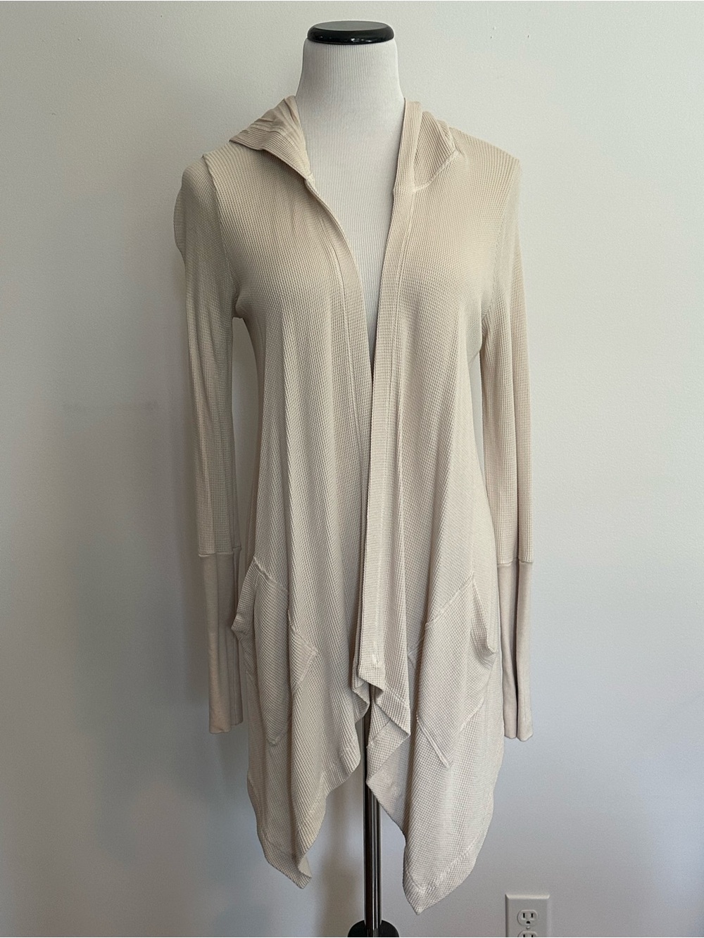 Splendid Neutral Beige Waffle-Knit Hooded Cardigan